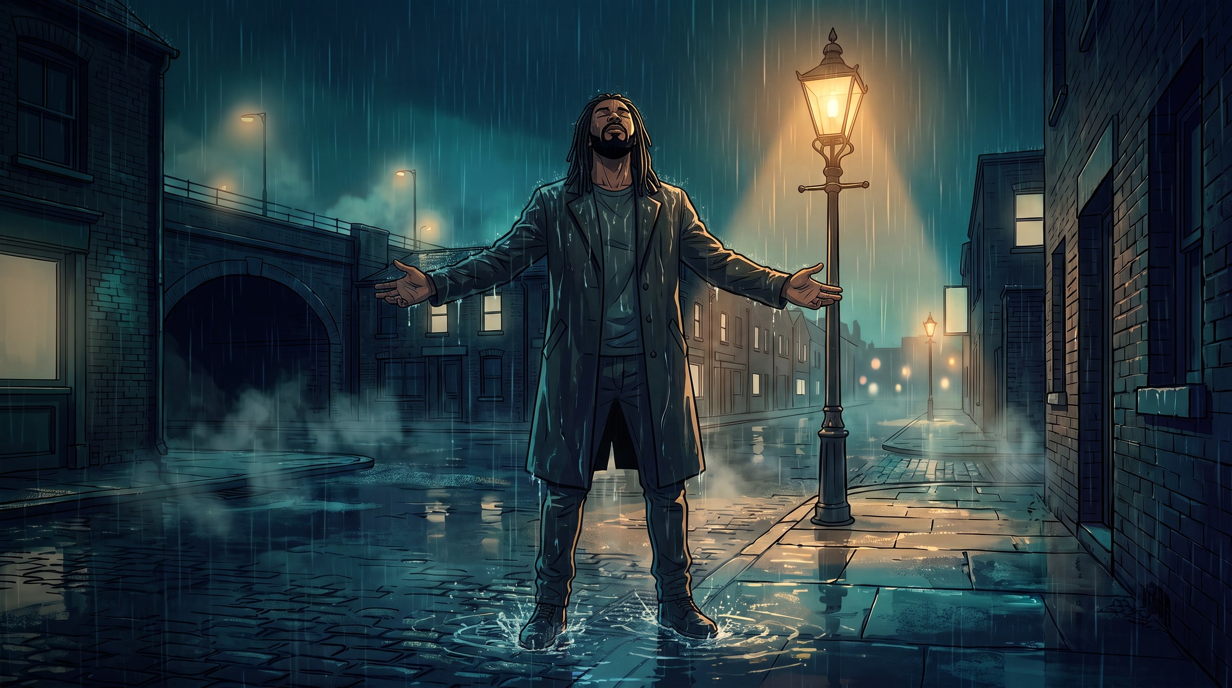 Nosmas Beats standing in heavy rain in the middle of an East London street, arms open